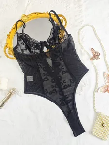 Sexy black lace sheer teddy bodysuit with delicate straps and elegant mesh design.