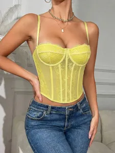 Yellow lace corset detail, sheer mesh bustier crop top, adjustable straps, slim fit apparel.