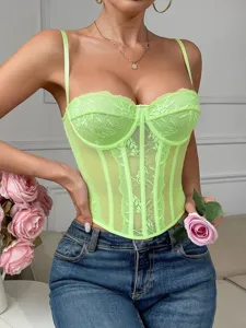 Neon green lace corset top for women, sexy slim camisole bustier for party and club wear.