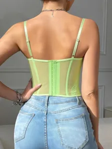 Lime green corset top back detail, sheer mesh and lace paneling, slim fit bustier.
