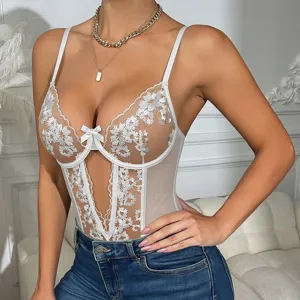 White floral lace sheer sexy bodysuit with boning and straps, perfect for stylish outfits.