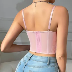 Pink lace panel corset top, sexy slim-fit sleeveless backless bustier streetwear daily outfit.