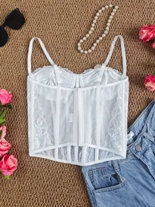 White lace bustier top sexy sheer mesh camisole corset stylish casual summer apparel