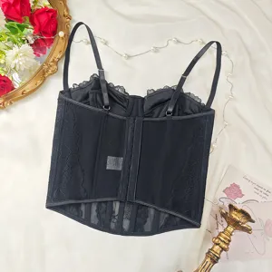 Sexy black lace corset top with slim fit and spaghetti straps, perfect for layering.