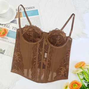 Brown lace mesh corset top, sexy see-through bustier with boning for women apparel.