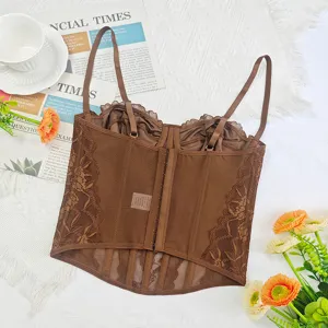 Brown lace paneled bustier corset top, sexy slim-fit sleeveless back closure lingerie.