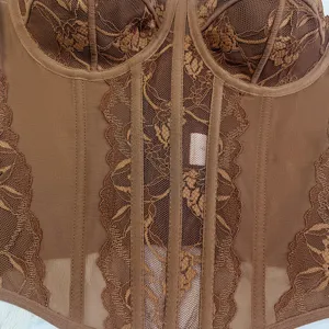Brown lace bustier detail view, featuring boning structure and sheer mesh fabric panels.