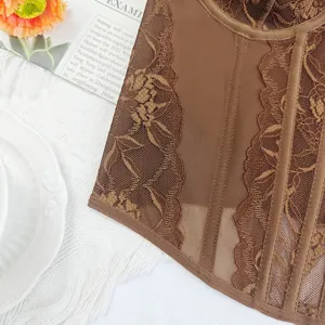Brown lace corset top detail close-up, floral embroidered mesh bustier, slim fit apparel.