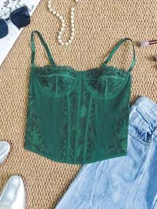 Dark green lace corset crop top women's sexy sleeveless streetwear slim bustier top