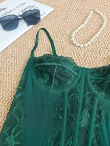 Dark green lace corset top, sexy slim camisole with boning structure and delicate trim.