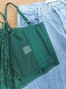 Green lace corset top, sexy slim camisole bustier detail showing inner and outer wear style.