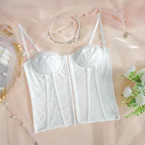 Sexy white lace corset top with steel ring and bone support, elegant solid color strappy vest for women.