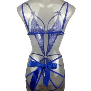 Lingerie teddy sexy en dentelle bleue pour femme, body transparent avec grand noeud papillon.