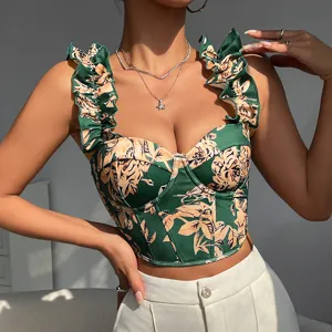 Green floral print bustier top with ruffled straps and boning for a stylish summer look.