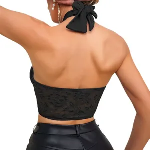 Top corto nero senza schiena con inserto in mesh stile sexy halter da donna clubwear
