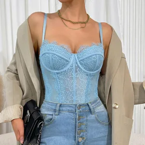 Blue lace sheer mesh bodysuit, sexy camisole top with floral trim, slim fit intimate apparel.