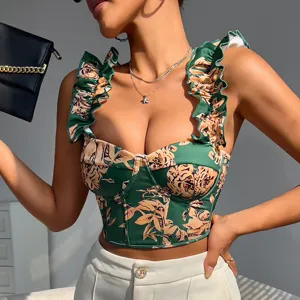 Chic women green floral corset top with ruffles and built-in bra, stylish summer bustier.