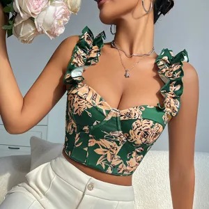 Green floral corset crop top with ruffle straps and boning design for summer fashion.