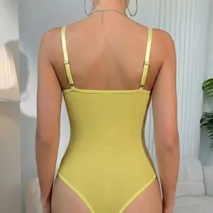 Yellow sheer mesh bodysuit back view, featuring adjustable thin straps for women style.