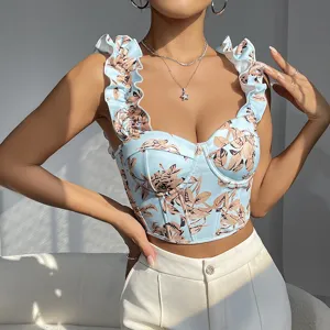 Blue floral corset top with ruffles and V-neck, elegant summer sleeveless slim fit style.