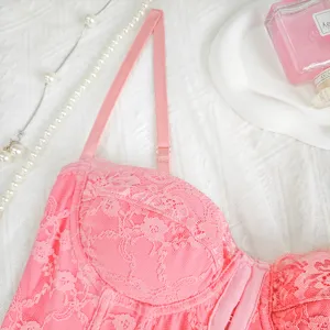 Pink lace camisole top with underwire floral lace bustier design for women sexy summer wear