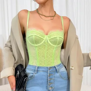 Neon green lace mesh corset bodysuit with slim fit and delicate strap design for women fashion.