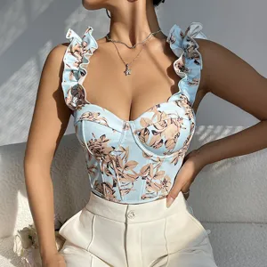 Exquisite floral print corset top with built-in pads and flattering sweetheart neckline.