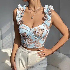 Chic floral printed V-neck boned corset top with ruffles, stylish summer slim-fit apparel.