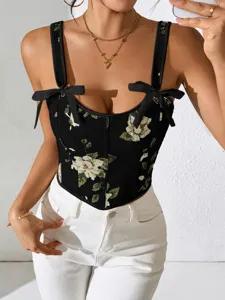 Mujer top cami negro con estampado floral vintage tirantes de lazo corsé sexy verano