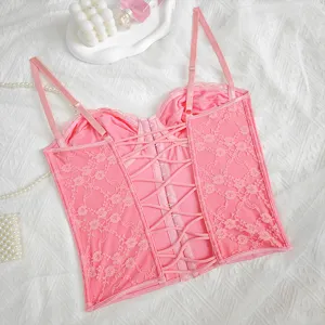 Pink lace corset top with back lace-up and strap design, sexy bustier detail view.