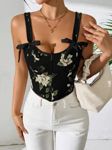 Top de tirantes negro con estampado floral vintage y lazos, corsé sexy ajustado.