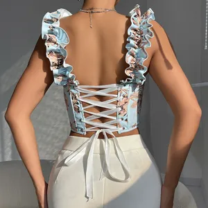 Summer sexy floral print corset top with ruffled straps and lace-up back design for women.
