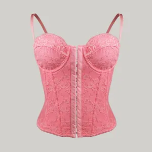 Pink lace corset top with underwire and hook-and-eye closure for women fashion wear.
