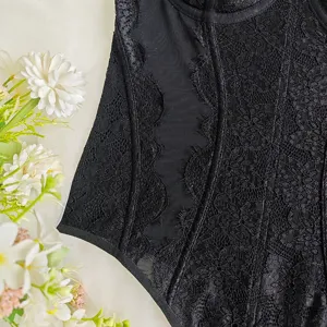 Black lace bodysuit featuring sheer mesh panels and elegant floral trim for a sexy look.