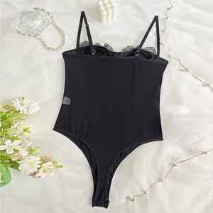 Sexy black mesh bodysuit featuring delicate lace trim and chic strap design for women.