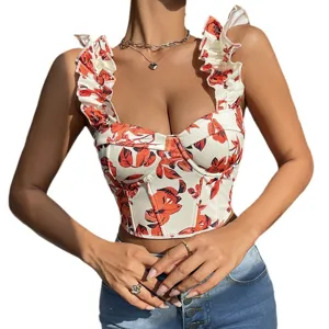 Floral print corset top with ruffled straps and boned structure for women summer fashion.