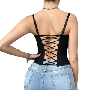 Sexy black lace-up backless corset top, stylish camisole for women showcasing back design.