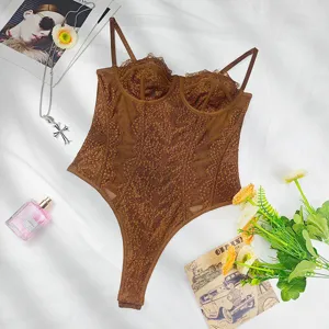 Detail shot of brown lace sheer mesh bodysuit with adjustable straps for women sensual look.