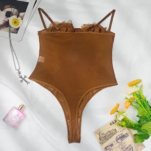 Brown lace patchwork sexy bodysuit, sheer mesh slim fit cami top detail view.