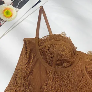Brown lace sheer mesh bustier top detail sexy camisole underwear slim fit stylish