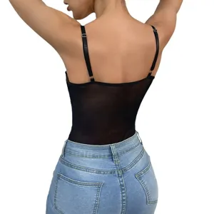 Sexy sheer mesh camisole bodysuit for women, slim fit adjustable strap romper top.