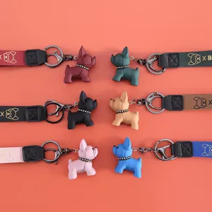 Llavero de bulldog francés con correa de cuero, colgante bonito para bolso y coche.