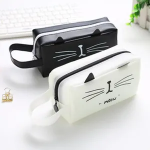 Cute cat pencil case detail showing soft material, smooth zipper and adorable meow print design.
