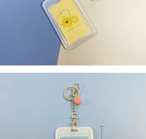 Transparent ID card holder with keychain, cute cartoon design, perfect for bus pass and student card.