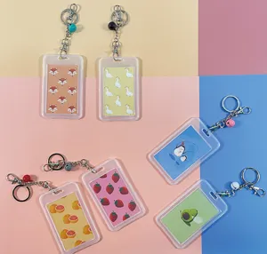 Cute cartoon transparent card holder keychain set, durable dual-sided clear ID badge protector.