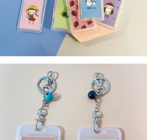 Transparent cartoon ID card holder with keychain cute student bus pass protective cover case