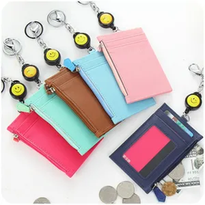 Porte-cartes en cuir PU avec lanière rétractable, portefeuille multi-fentes et porte-badge.