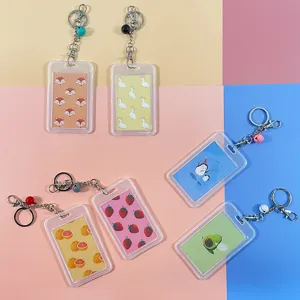 Cute transparent ID badge holder with cartoon fruit patterns and keychain for student card.