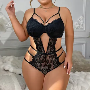 Plus size black lace cut out underwire bodysuit sexy sheer lingerie for women apparel