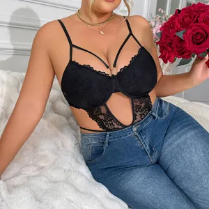 Plus size black lace underwire bodysuit, sexy sheer cut-out lingerie for women main view.